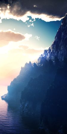 anime original 3d cgi cloud landscape mountain ocean sunbeam sunrise water ODEwODU0
