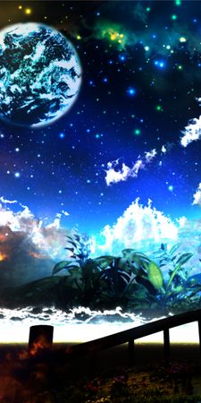 anime original 3d bridge cgi cloud fantasy fire night planet sky stars ODEwODUy